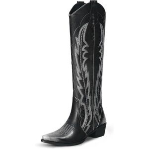 Women's Silver Knee High Cowgirl Pointed Toe Block Heel Embroidery Western Boots